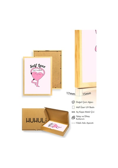 Doğal Ahşap Çerçeveli Self Love Kalp Tablo - Retro Pop Art Tasarım Huhu2748