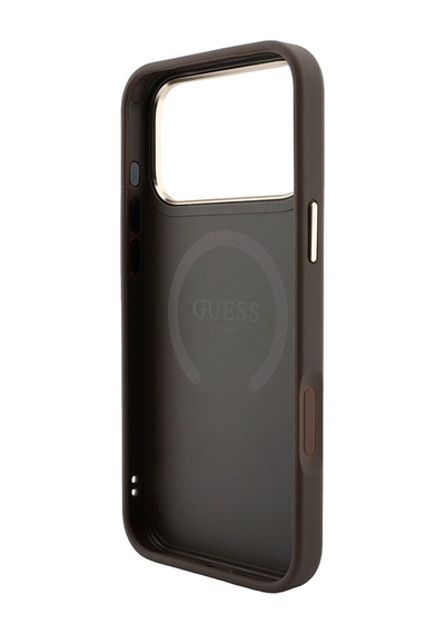 Apple iPhone Uyumlu 18 Pro Kılıf Guess Lisanslı M-safeli Deri 4g Desenli Şeritli Yazı Logolu Kapak Kahverengi