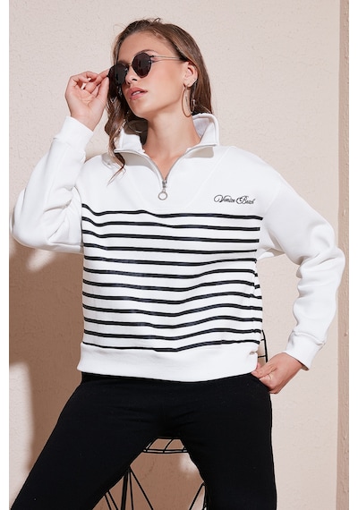 Lela Streç Oversize Fit Yarım Fermuarlı Dik Yaka Bayan Sweat 5865883 Ekru