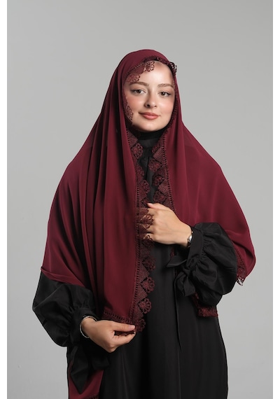 Hürrem Bone Bordo Namaz Başörtüsü Şal Şifon Güpürlü 202106 16 Bordo