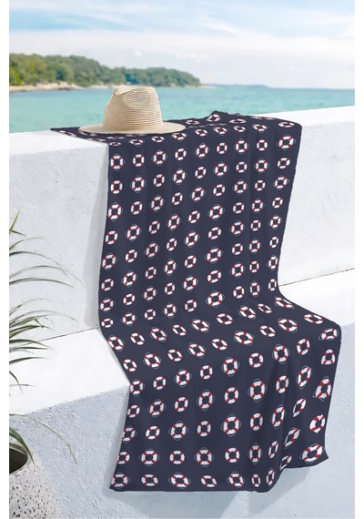Marine Simit Lacivert Plaj Havlusu - Nautical Kırmızı Beyaz Hızlı Kuruyan Mikrofiber Havlu Eski İncir