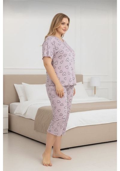 Eyfuze Kadın Büyük Beden Kısa Kollu Kapri Bambu Pijama Takımı Açık Lila