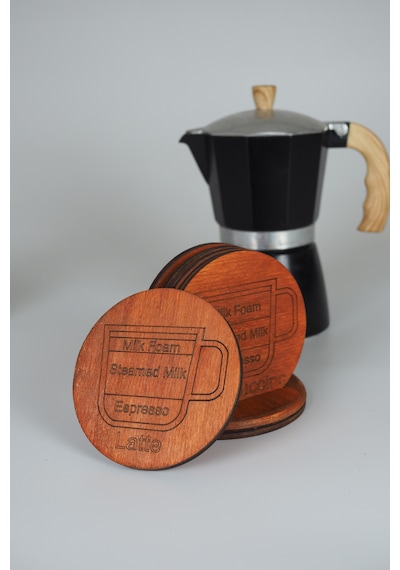Kahve Temalı 6 Lı Ahşap Bardak Altlığı Seti Espresso/latte/cappuccino/mocha/americano/macchiato Meşe