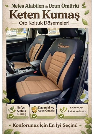 Premium Serisi Lüks Keten Üniversal Oto Koltuk Kılıfı - 5 Koltuk Tam Set Taba