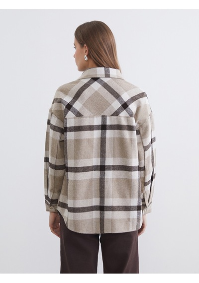 Lcw Comfort Kahverengi Ekose Oversize Kadın Gömlek