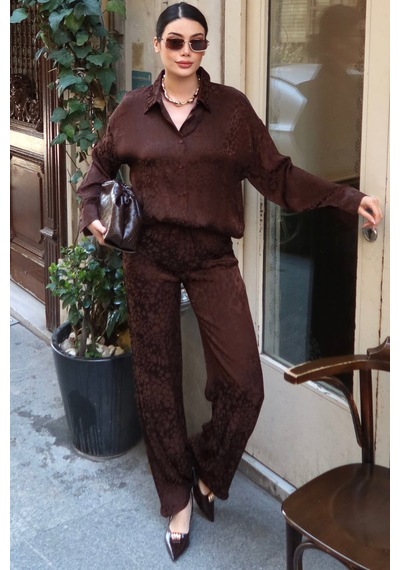 Kechi Woman Leopar Desenli Saten Gömlekli Takım - Şık Zarif Kahverengi