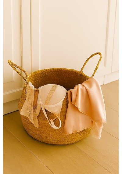 Tr Doğal Rattan El Örgüsü Hasır Sepet Bohem Flådıs Tarz Dekoratif Saklama Sepeti Bej Genel