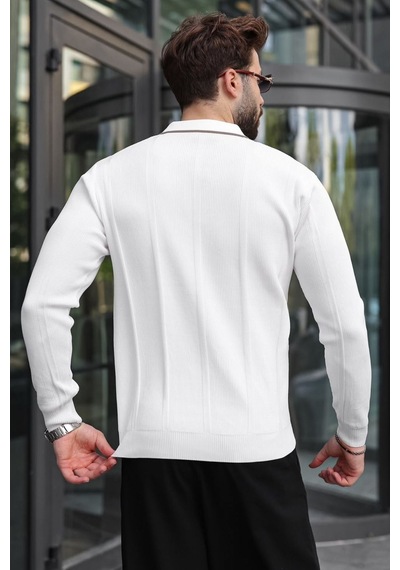 Madmext Beyaz Polo Yaka Yarım Fermuarlı Fitilli Erkek Triko Kazak E7515