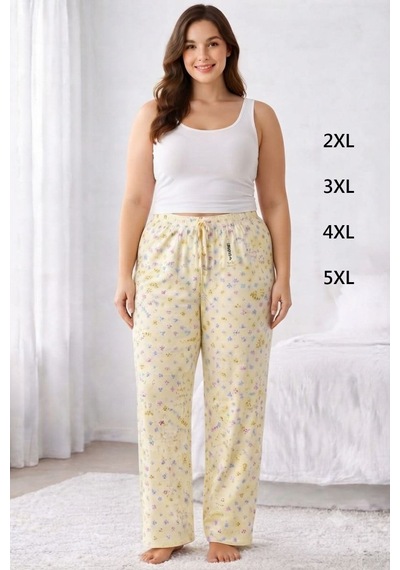 Viskon Pamuklu Kadın Büyük Beden Açık Sarı Desenli Pijama Pantolon - Mgb010 - Mudanis