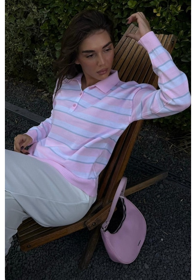 Madmext Pembe Çizgili Polo Yaka Düğmeli Kadın Kazak Mg2561 Pembe