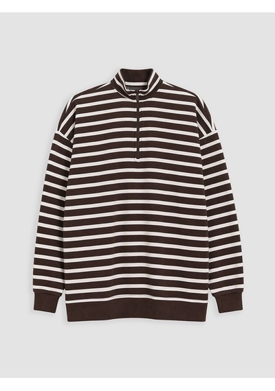 Lcw Modest Ekru Çizgili Kadın Kalın Sweatshirt Tunik