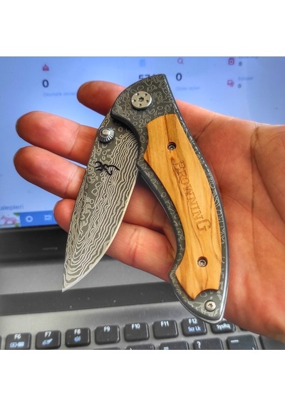 Browning Damascus Görünümlü Kamp Çakı Kahverengi - Gri