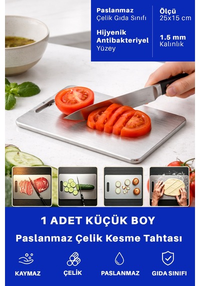 1 Adet Paslanmaz Çelik Küçük Boy Mutfak Kesme Tahtası Et Sebze Doğrama Tahtası Gümüş