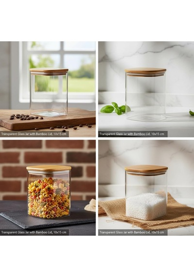 10x15 Cm Bambu Kapaklı Kare Cam Saklama Kavanozu - Vakumlu Uzun Boy Şeffaf Erzak Kabı Bakliyat Ve Kuruyemiş Saklama Kutusu Mutfak Düzenleyici Organizatör Çok Renkli