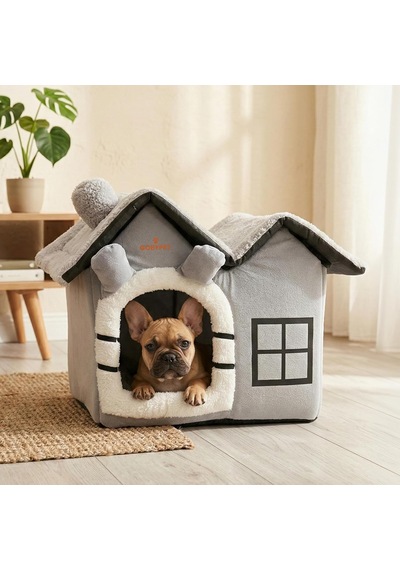 Gobypet 2 Çatılı Kedi Evi Ve Küçük Irk Köpek Kulübesi Ve Yuvası Minderli Peluş İç Mekan Yatağ