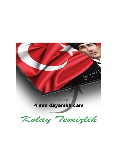 Atatürk Portre Ve Türk Bayrağı Yatay Cam Tablo Evlika, Modern Duvar Dekoru , Kurum Ofis İş Hediyelik Tablo