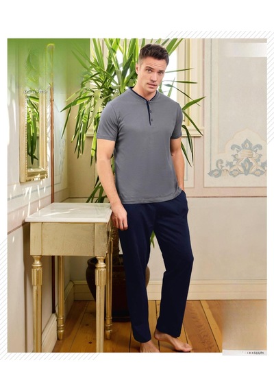 Pijamoni Erkek Düğme Yaka Kısa Kol Penye Pijama Takımı 6880/4 - 1 Adet Füme