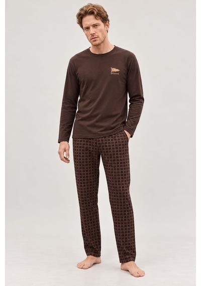 Pemilo Erkek 6500-3 Uzun Kol % 100 Pamuk Cotton Pijama Takımı Kahverengi