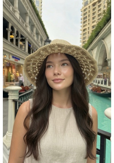 Mollycrush Kadın Yazlık Bej Renk Hasır Plaj Şapkası Bohem Tatil Aksesuarı Bej