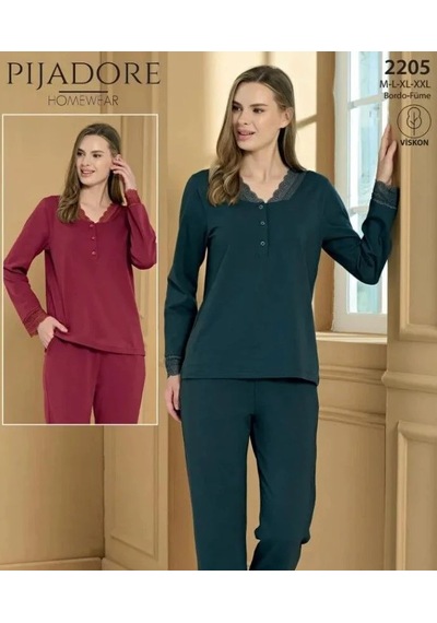 Feyza Pijadore Kadın %100 Pamuklu Dantelli Uzun Kollu Mevsimlik Pijama Takımı 2205 Füme