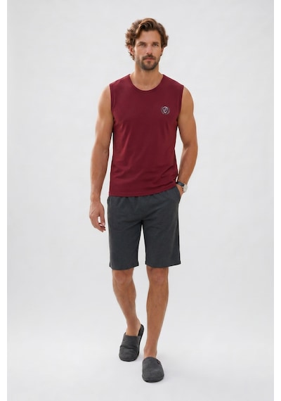 Tudors Erkek Standart Fit Normal Kesim Kısa Kollu Pamuklu Baskılı Bordo Gri Pijama Takımı-51145