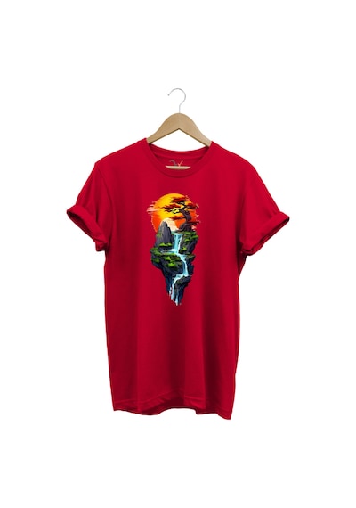 Manzara Ağaç Güneş Dağ Ve Nehir Baskılı %100 Pamuk Regular Fit Bisiklet Yaka Kırmızı T-shirt Kırmızı