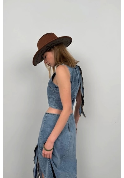 Defymoda Fırfır Detay Denim Bluz Açık Mavi