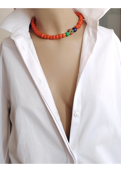 Turuncu Cam Kabak Boncuk Nazar Detaylı Choker Kolye Turuncu