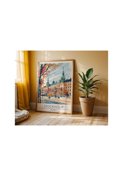 Stockholm Sweden Travel Poster Ahşap Çerçeveli Dekoratif Duvar Tablosu Ahşap 01
