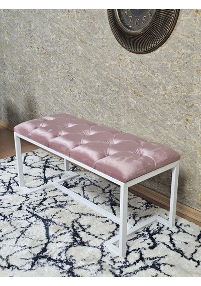 Zafir Beyaz Boyalı - L - Ayaklı 100 Cm X 38 Cm Oturak - Bench - Makyaj Taburesi - Makyaj Oturak Pembe