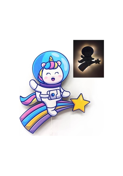 CajuArt Unicorn Astronot Ahşap Işıklı Çocuk Odası Duvar Tablosu