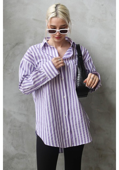 Madmext Mor Çizgili Oversize Kadın Gömlek Mg1688-mor Mor