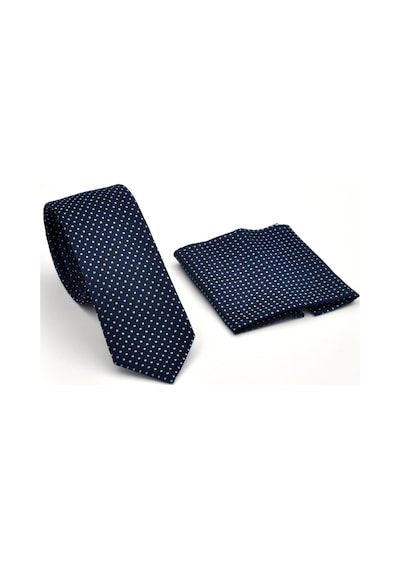 Gaffy Mavi Noktalı Puantiye Desenli Lacivert Dokuma Kumaş Mendilli Slim Fit Kravat // Sdk230915 Lacivert - Mavi