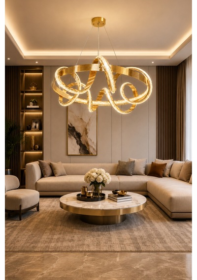 Armina Lüks Cristalya Serisi Premium Kalın Çizgili Kasa Orjinal Gold Kaplamalı 3 Renk Ledli Sarkıt Ledli Avize Modern Led Avize -çap 50 Cm Gold Gold