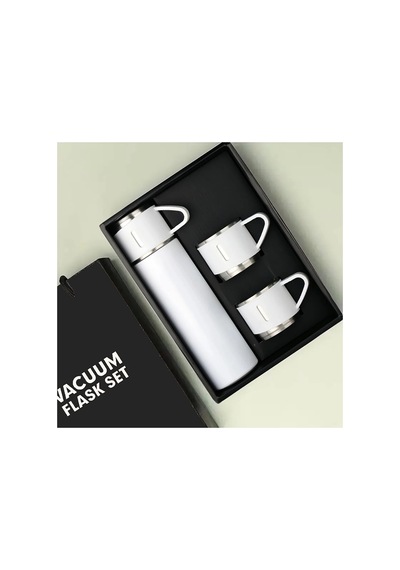 Paslanmaz Çelik 3 Bardaklı Vakumlu Termos Set 500 Ml, 12 Saate Kadar Isı Koruma Termos Beyaz Beyaz
