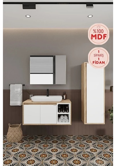 Lale Beyaz 90 Cm %100 Mdf Lavabolu Banyo Dolabı + Boy Dolabı Beyaz Meşe