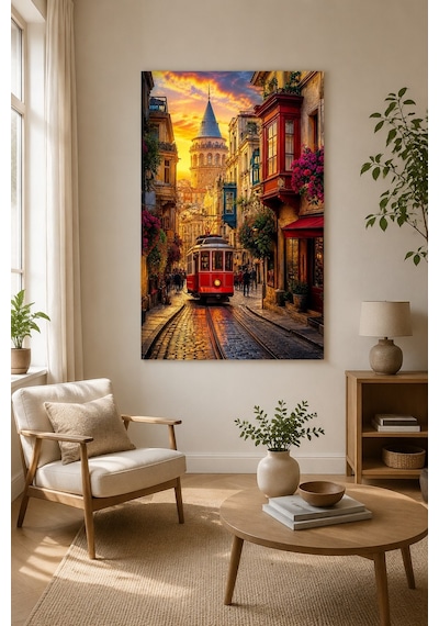 Nostaljik İstanbul Tramvaylı Baskılı Cam Tablo Galata Kulesi Uv Baskı Duvar Tablosu