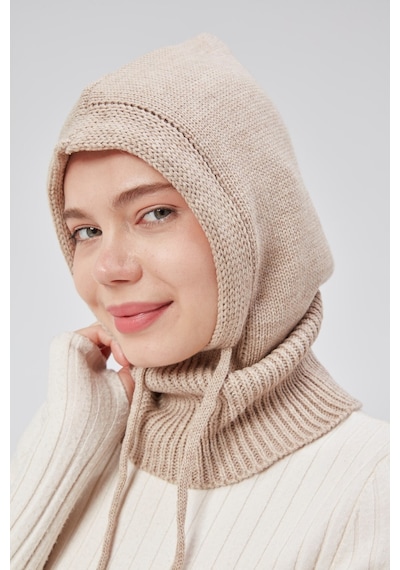 Derikem Lüks Kadın Kışlık Balaclava Triko Örme Başlık Bej