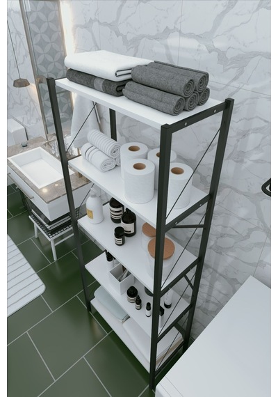 Banyo Dolabı Banyo Düzenleyici Modern Banyo Rafı 5 Raflı Dekoratif Raf 180 Cm Beyaz