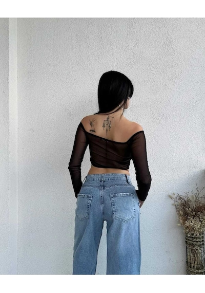Kadın Tül Detaylı Kelebek Model Crop Bluz SIYAH Kadın Tül Detaylı Kelebek Model Crop Bluz SIYAH
