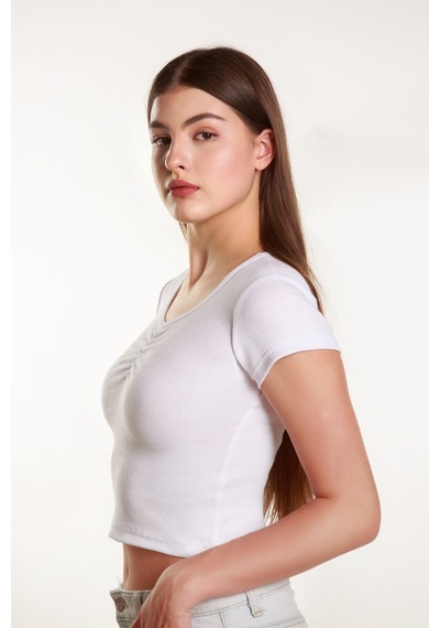 Mea Capio Kadın Fitted Crop Ön Yaka Bözgülü Fitilli Kollu Tshirt Atlet Bluz Beyaz