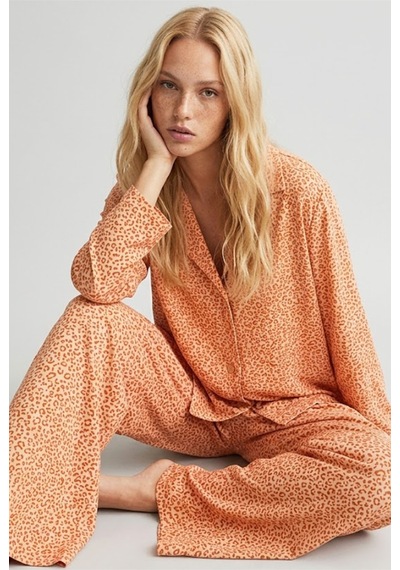 Siyah İnci Somon Leopar Baskılı Düğmeli Örme Pijama Takım 7611