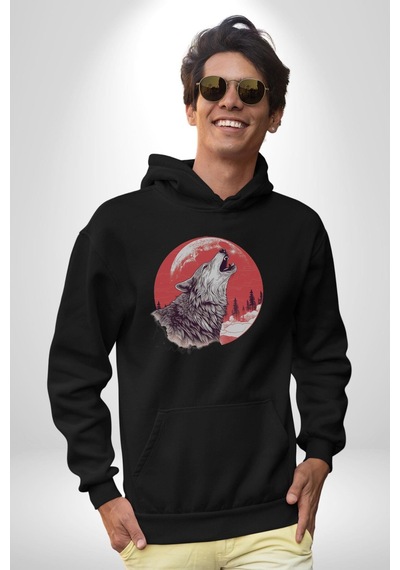 Uluyan Beyaz Kurt Kadın Erkek Siyah Kapüşonlu Sweatshirt Hoodie Siyah