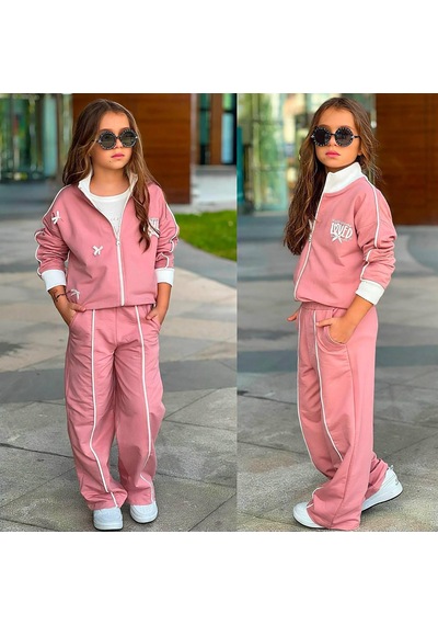 Kız Çocuk Fermuarlı 2 İplik 3 Parça Alt Üst Takım Eşofman Takımı 6725p Pembe