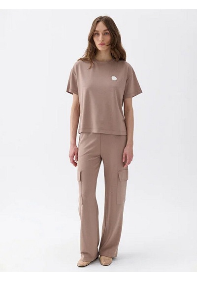 Nocturne Minimalist Oversize Kadın T-shirt - Kısa Kol - Günlük Bej