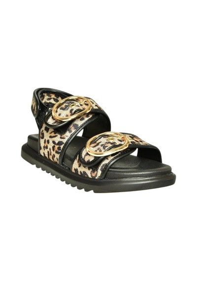 Fox Shoes U725092117 Siyah Leopar Hasır Kadın Sandalet Siyah - Taba