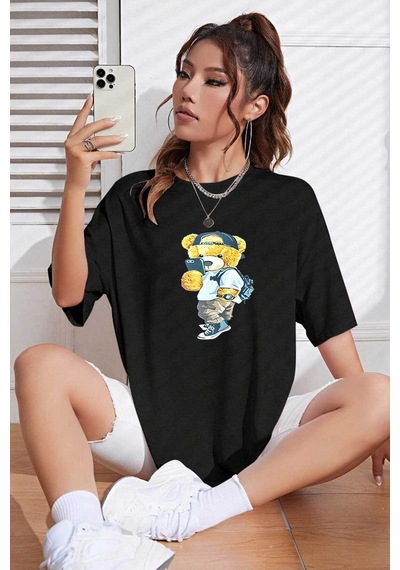 Medinenur Unisex Peluş Ayı Baskılı Tshirt Siyah