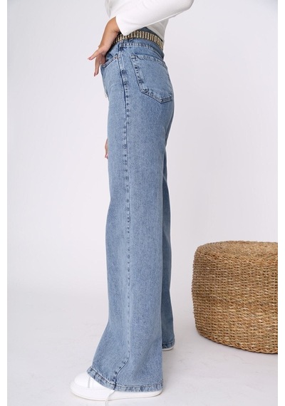 Lavajeans Behc Kadın Orta Mavi Likralı Süper Yüksek Bel Geniş Paça Jean Mavi