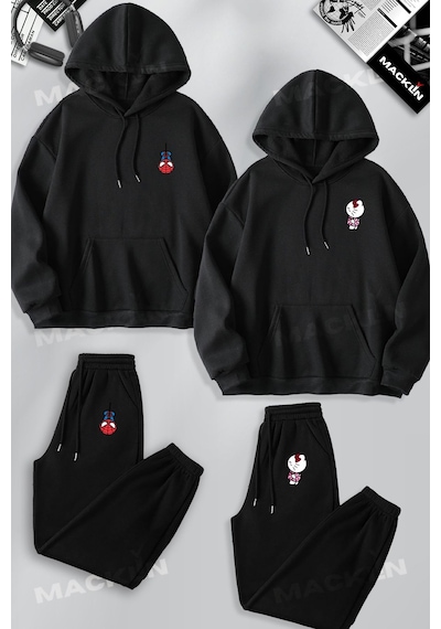 Macklin Sevgili Çift Kombin Spiderman Ve Hello Kitty Baskılı Kapüşonlu Sweatshirt Ve Jogger Eşofman Altı 4lü Siyah Mck1451 Siyah