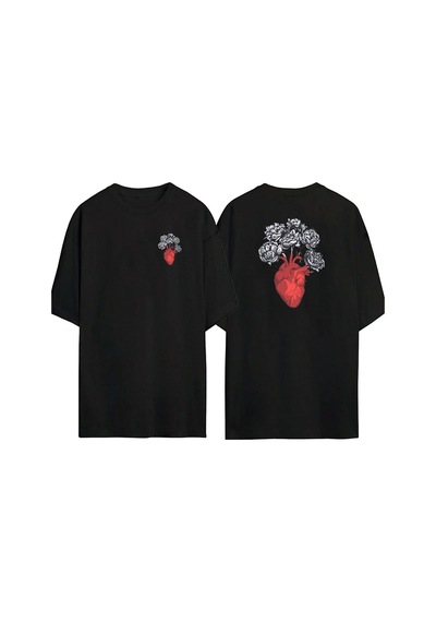 Thewert Unisex Heart With Fading Flowers Ön Arka Baskılı Sıyah Oversize T-shirt Siyah